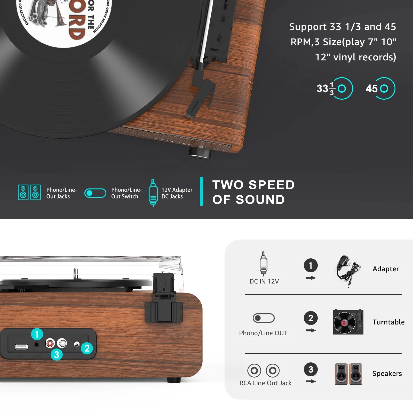 Vinyl Record Player with Speakers,Vinyl Player Turntables for Vinyl Records(Tocadiscos De Vinilo),Bluetooth Turntable,Brown