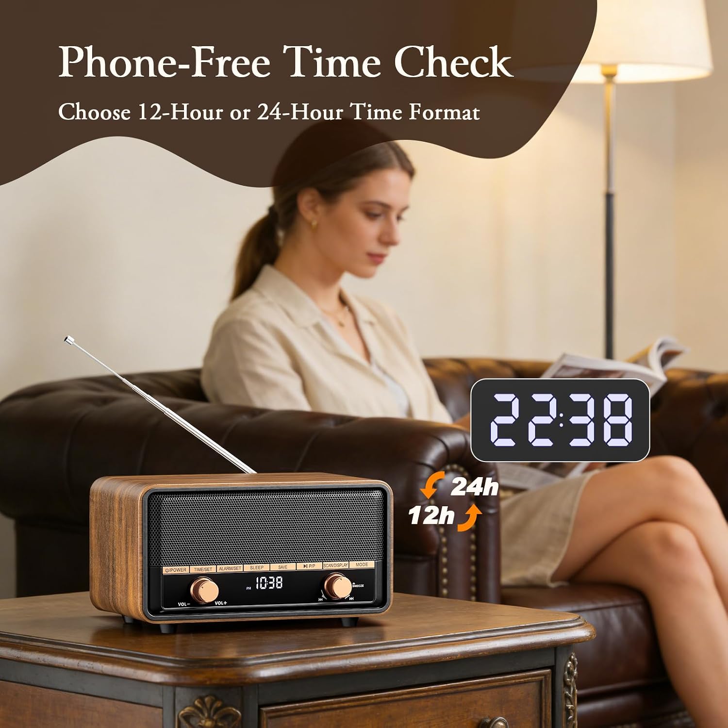 Vintage Wooden AM FM Radio Bluetooth Clock Radio for Bedroom