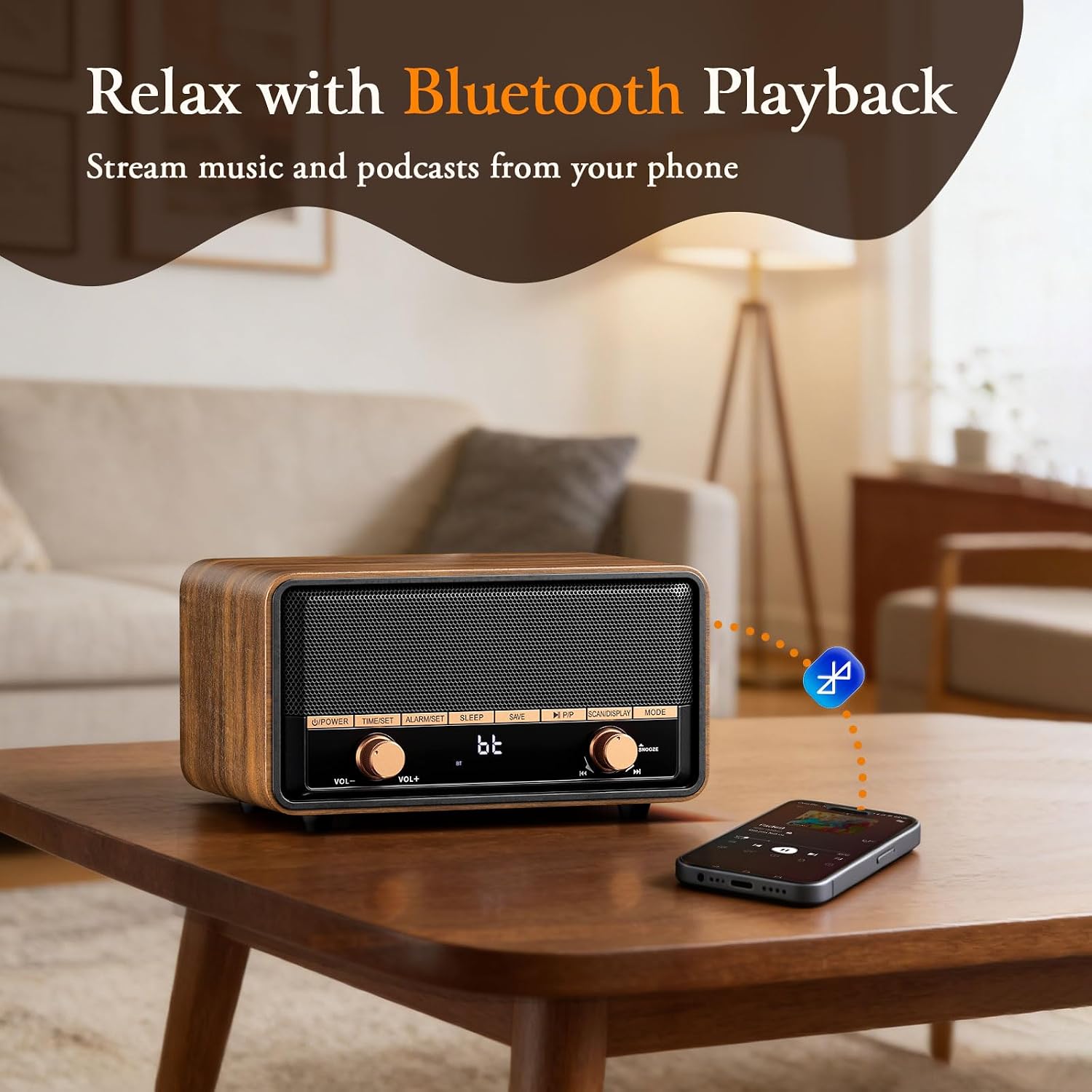 Vintage Wooden AM FM Radio Bluetooth Clock Radio for Bedroom
