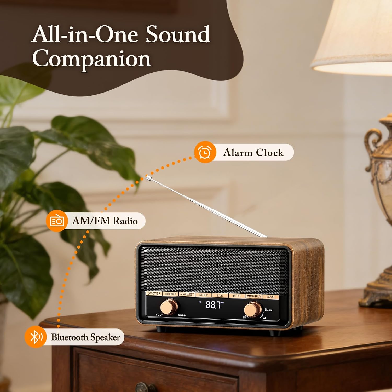 Vintage Wooden AM FM Radio Bluetooth Clock Radio for Bedroom
