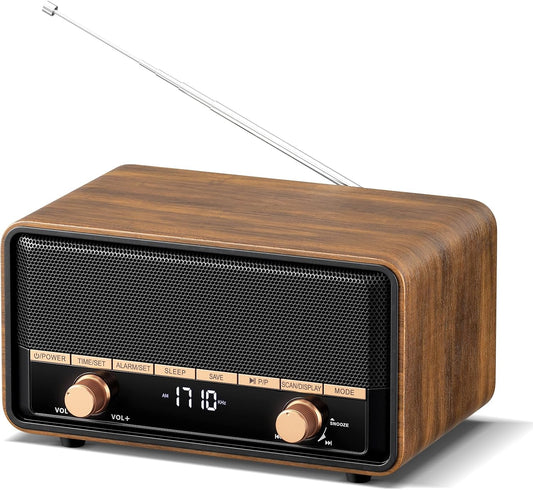Vintage Wooden AM FM Radio Bluetooth Clock Radio for Bedroom