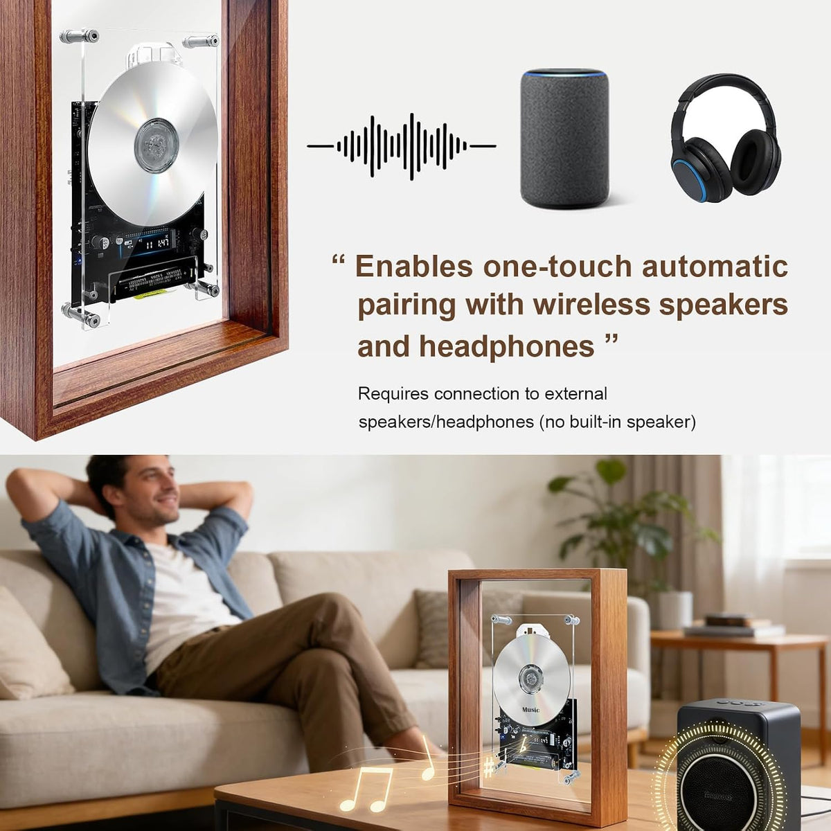 Retro Music Photo Frame CD Player, Wall‑Mount & Desktop 2‑Way Installation, Requires External Speakers, Digital Screen with Remote Control, Excludes Discs, Perfect Holiday Present