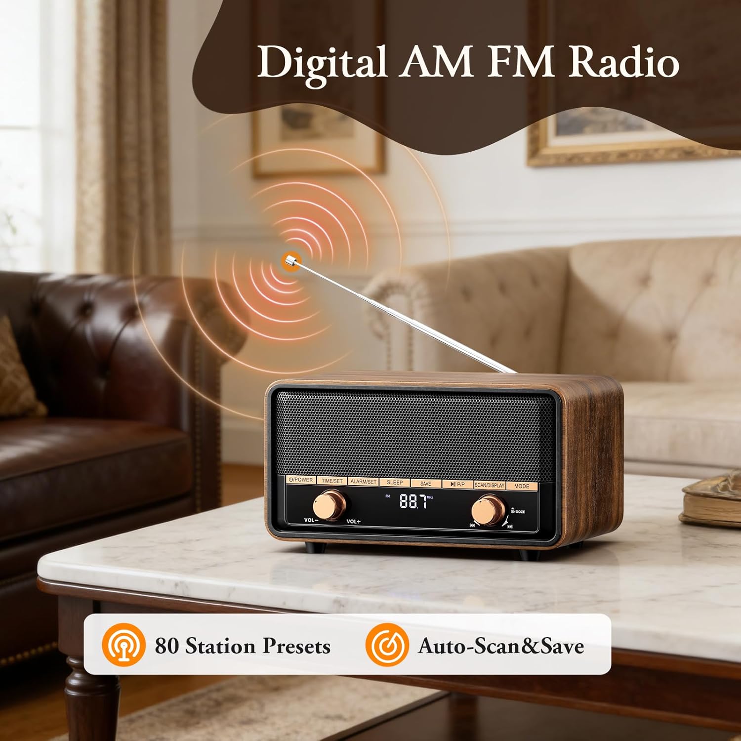 Vintage Wooden AM FM Radio Bluetooth Clock Radio for Bedroom