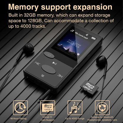 Mp3 Player with Bluetooth 5.3 Hifi Sound, Mp3 Player with FM Radio, Mini Music Player 32GB for Kids Adults, Earphones Included, TF Card Can Be Inserted