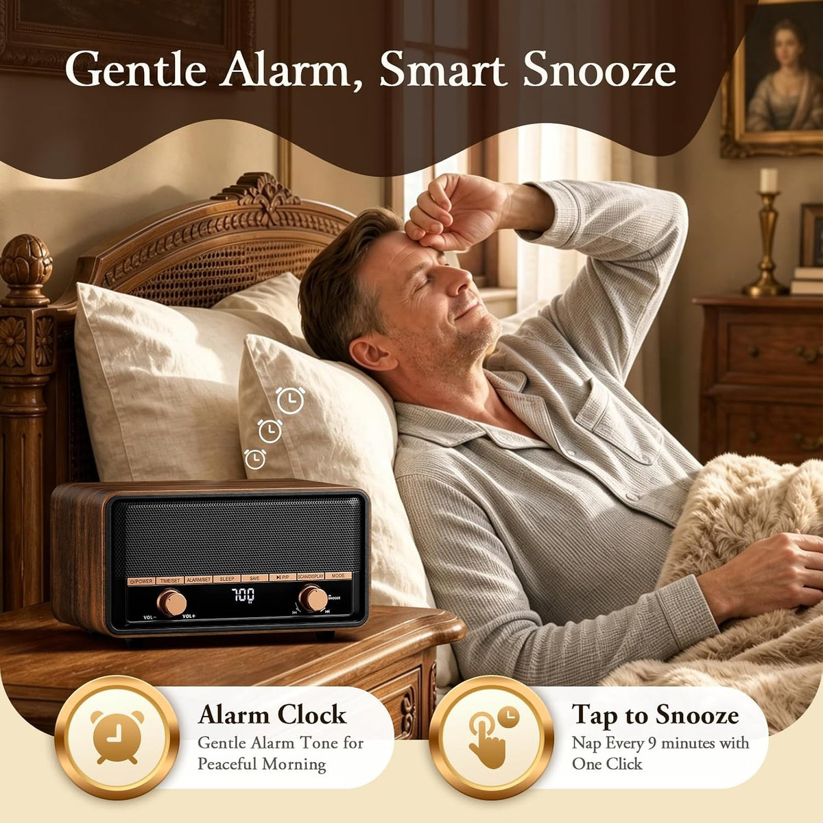 Vintage Wooden AM FM Radio Bluetooth Clock Radio for Bedroom