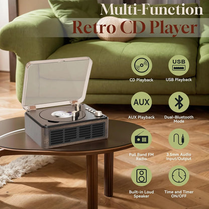 CD Player with Hifi Stereo Sound Vintage CD Player Bluetooth CD Raido Player with Speakers & FM Radio Retro Support USB & AUX Playback for Audio Books