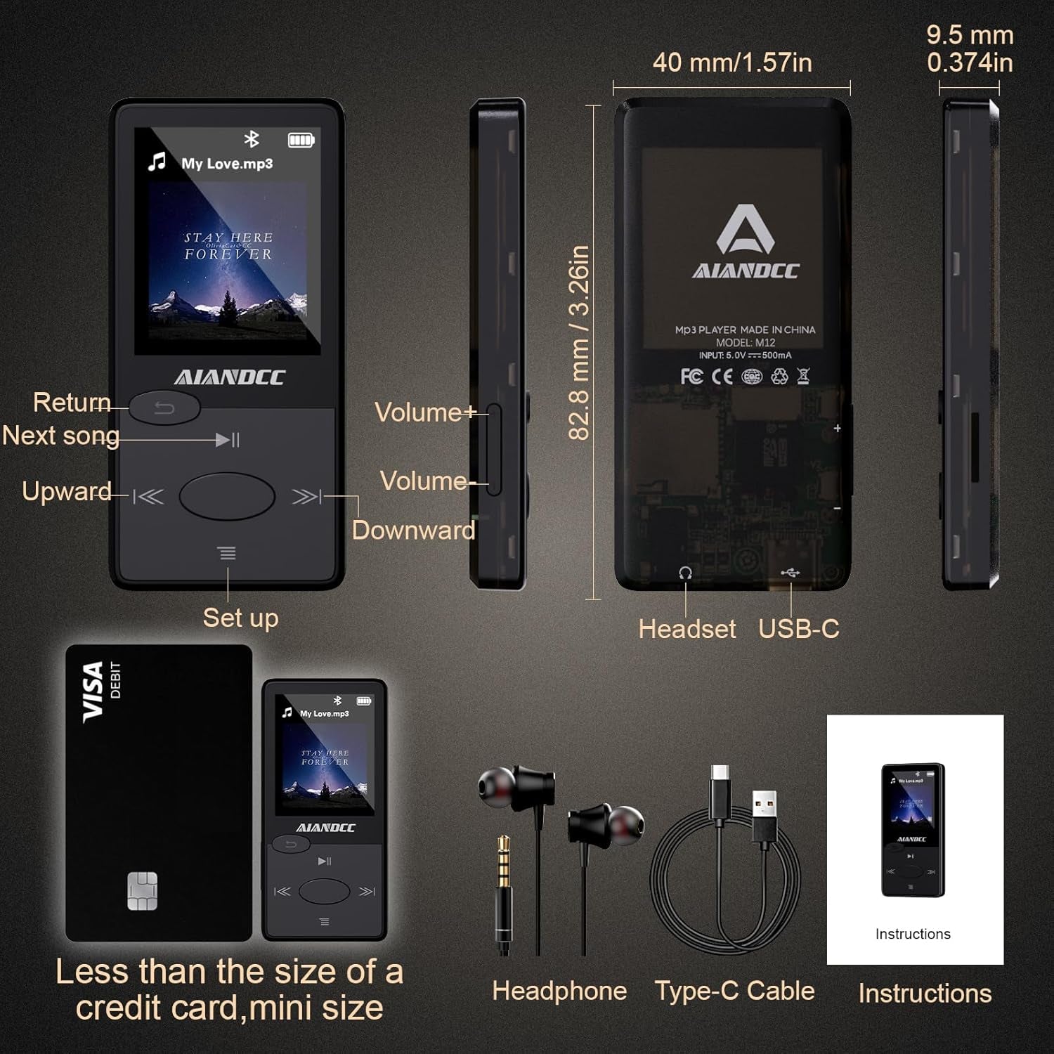 Mp3 Player with Bluetooth 5.3 Hifi Sound, Mp3 Player with FM Radio, Mini Music Player 32GB for Kids Adults, Earphones Included, TF Card Can Be Inserted