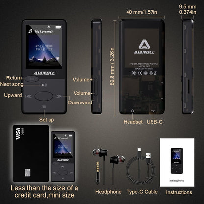 Mp3 Player with Bluetooth 5.3 Hifi Sound, Mp3 Player with FM Radio, Mini Music Player 32GB for Kids Adults, Earphones Included, TF Card Can Be Inserted