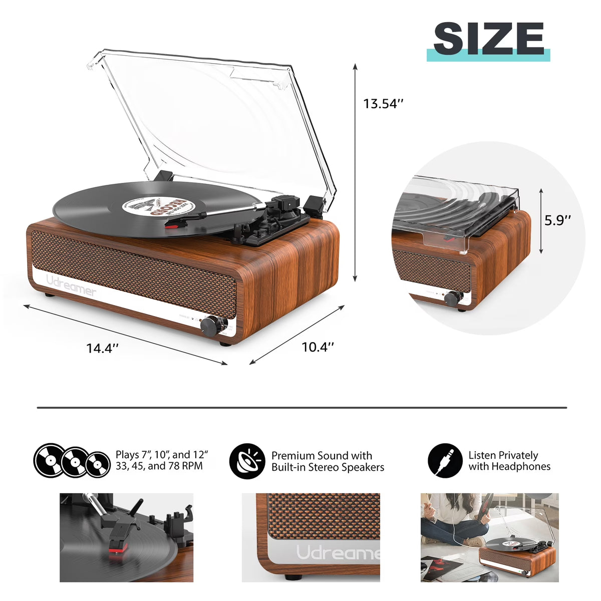 Vinyl Record Player with Speakers,Vinyl Player Turntables for Vinyl Records(Tocadiscos De Vinilo),Bluetooth Turntable,Brown