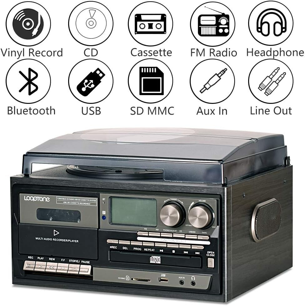 Vinyl Record Player 9-In-1 Bluetooth Turntable CD Cassette Player FM/AM Radio
