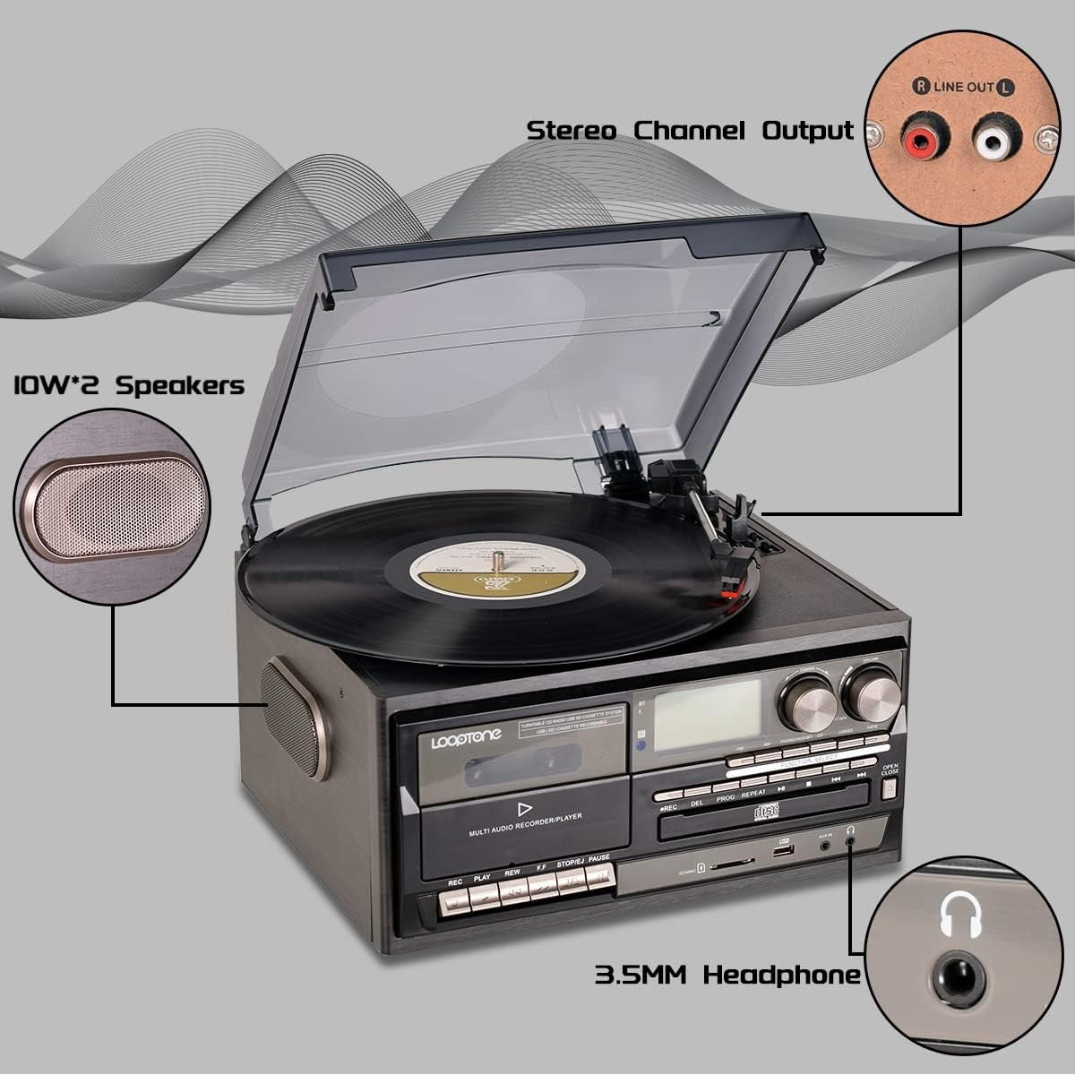 Vinyl Record Player 9-In-1 Bluetooth Turntable CD Cassette Player FM/AM Radio