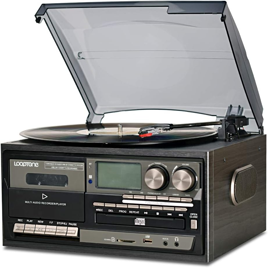 Vinyl Record Player 9-In-1 Bluetooth Turntable CD Cassette Player FM/AM Radio