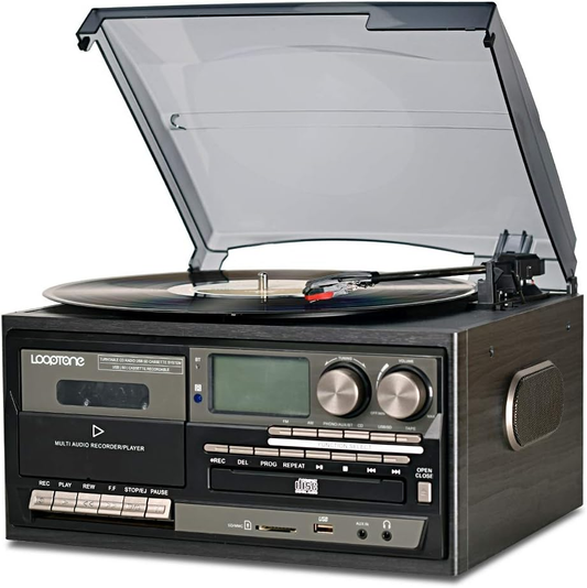 Vinyl Record Player 9-In-1 Bluetooth Turntable CD Cassette Player FM/AM Radio
