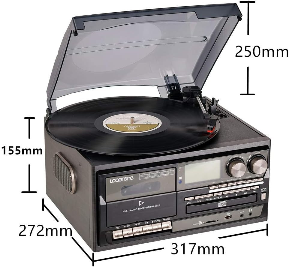 Vinyl Record Player 9-In-1 Bluetooth Turntable CD Cassette Player FM/AM Radio