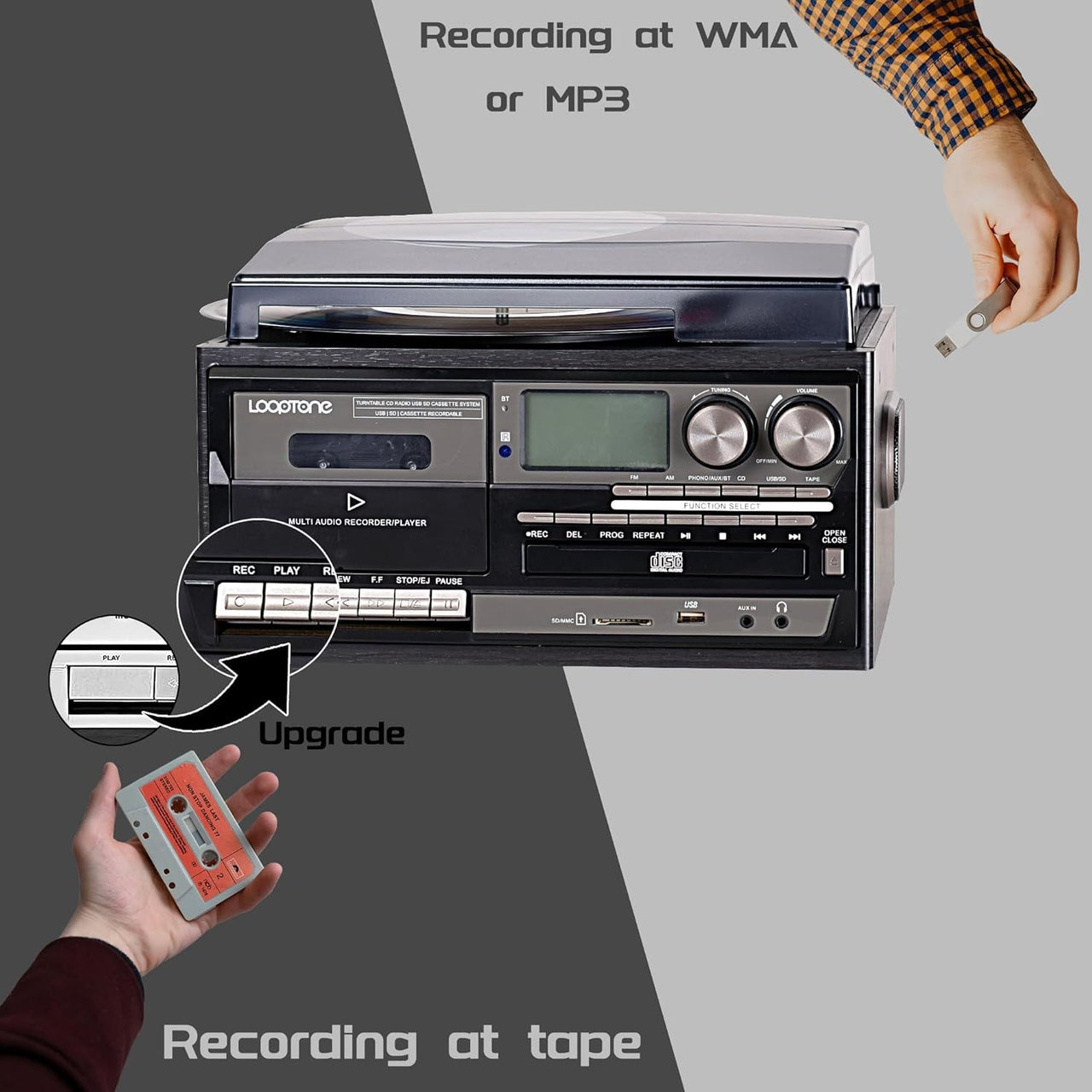 Vinyl Record Player 9-In-1 Bluetooth Turntable CD Cassette Player FM/AM Radio