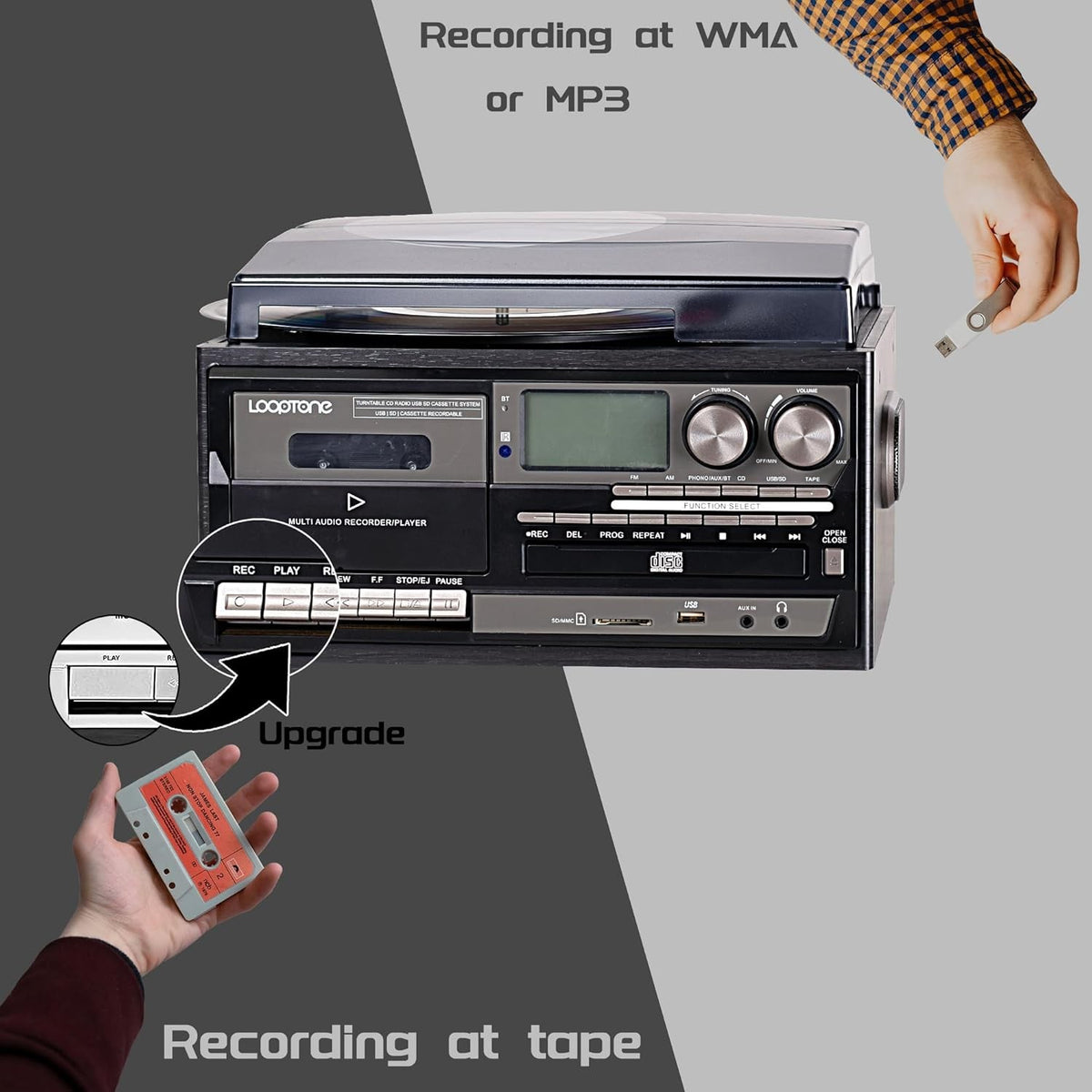 Vinyl Record Player 9-In-1 Bluetooth Turntable CD Cassette Player FM/AM Radio