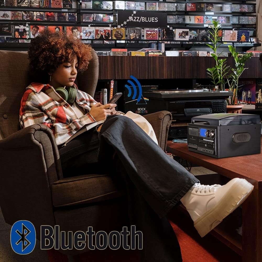 Vinyl Record Player 9-In-1 Bluetooth Turntable CD Cassette Player FM/AM Radio