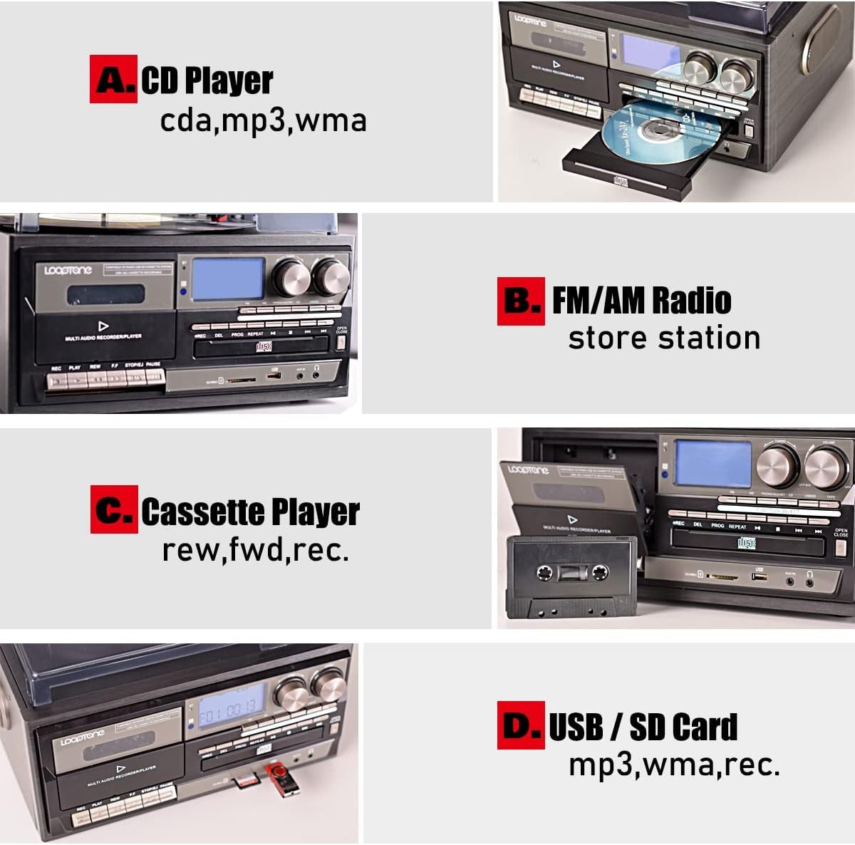 Vinyl Record Player 9-In-1 Bluetooth Turntable CD Cassette Player FM/AM Radio