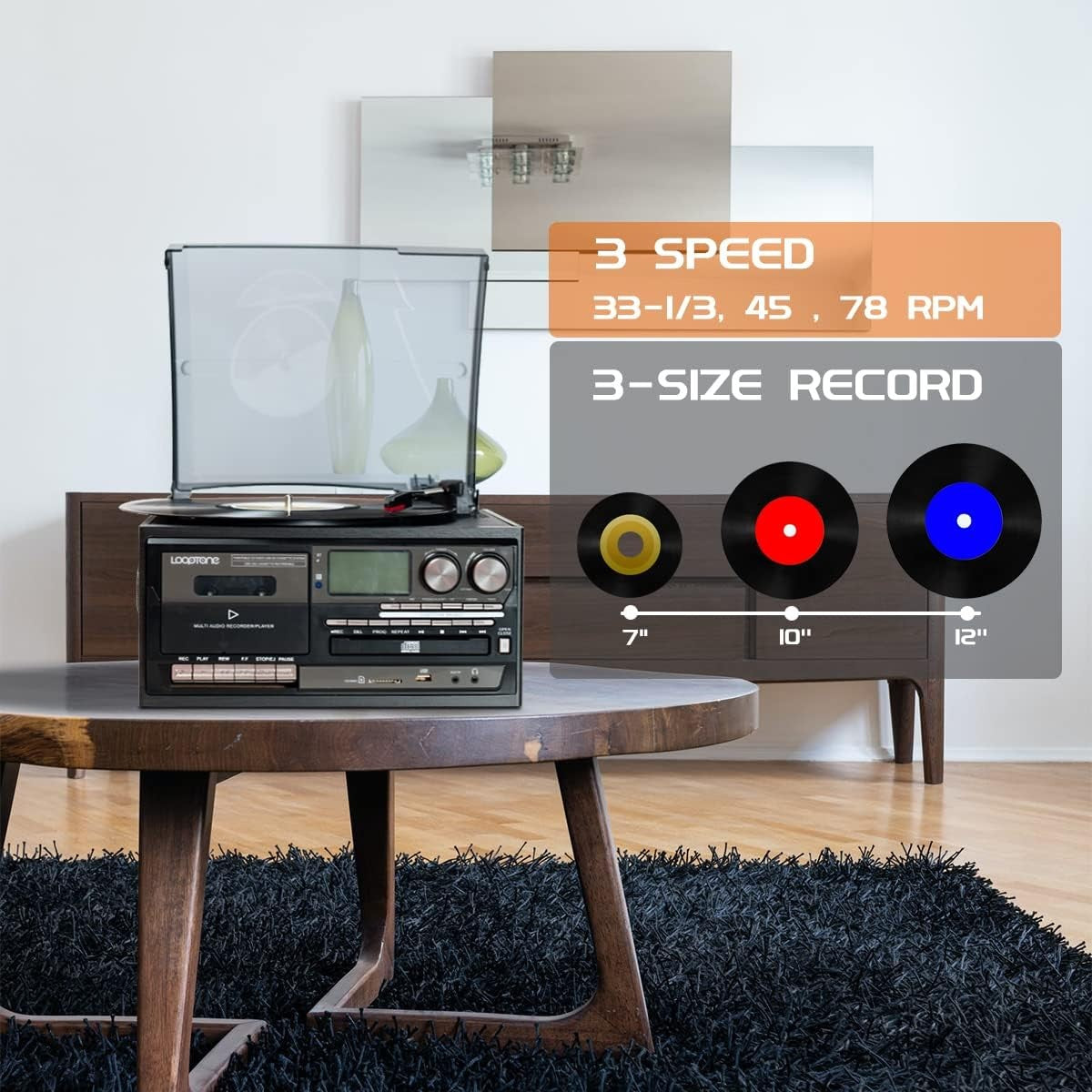 Vinyl Record Player 9-In-1 Bluetooth Turntable CD Cassette Player FM/AM Radio